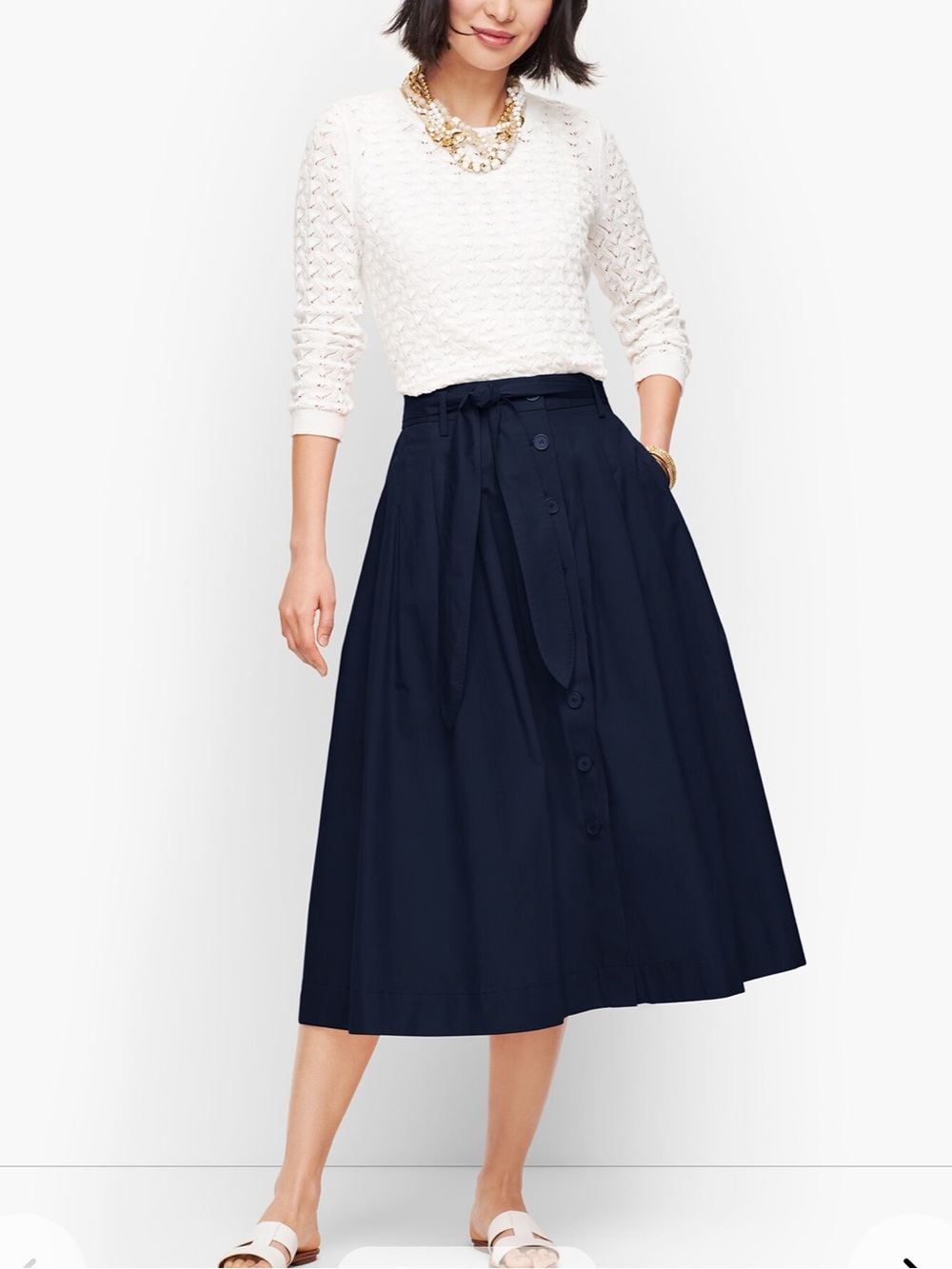 NWT Talbots Black Poplin Button-Front Full Midi Skirt with Pockets Sz 10P